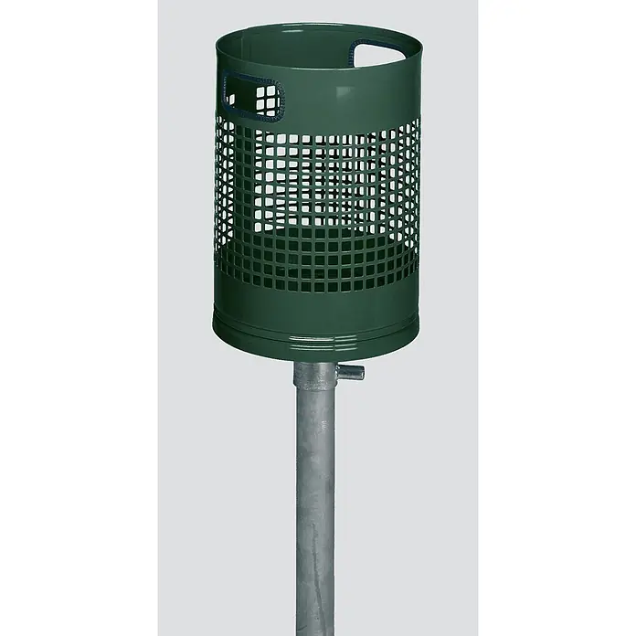 Proregal Standard-Mülleimer klassisch und gelocht für den Außenbereich - Stahl, Grün - Dunkelgrüner, perforierter Metallabfalleimer mit Griffen, auf einem Pfosten montiert.