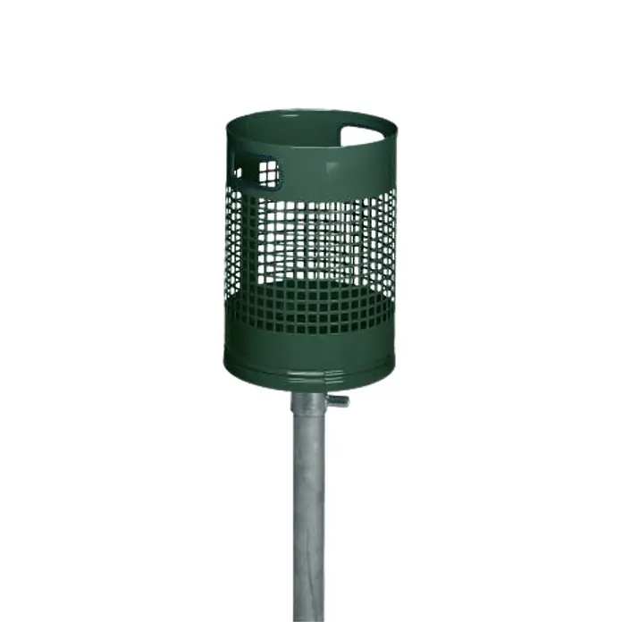 Proregal Standard-Mülleimer klassisch und gelocht für den Außenbereich - Stahl, Grün - Grüner perforierter Metallabfalleimer auf einem Metallpfosten.