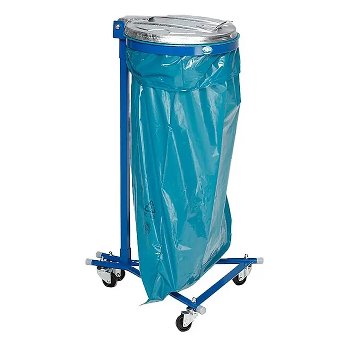 Proregal Standard-Mülleimer - Robuster Einzel-Abfallsammler mit Metall-Deckel - Stahl, Blau-Verzinkt - Mobiler Abfallsackhalter mit blauem Metallgestell, blauem Kunststoffsack und silbernem Deckel auf Rollen.