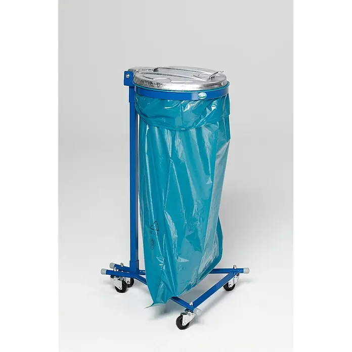 Proregal Standard-Mülleimer - Robuster Einzel-Abfallsammler mit Metall-Deckel - Stahl, Blau-Verzinkt - Blauer mobiler Abfallsackständer mit silbernem Deckel und blauem Müllsack.