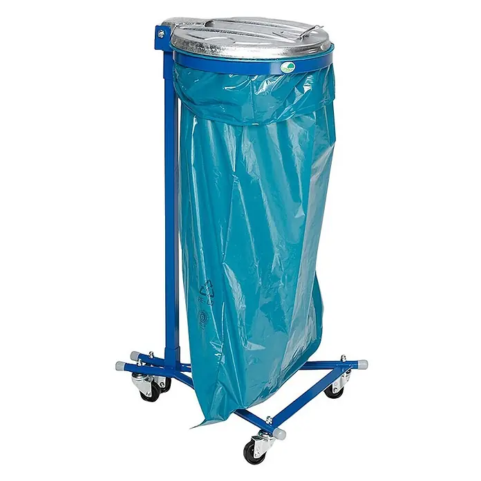 Proregal Standard-Mülleimer - Robuster Einzel-Abfallsammler mit Metall-Deckel - Stahl, Blau-Verzinkt - Blauer mobiler Müllsackständer mit verzinktem Deckel und blaugrünem Müllsack auf Rollen.