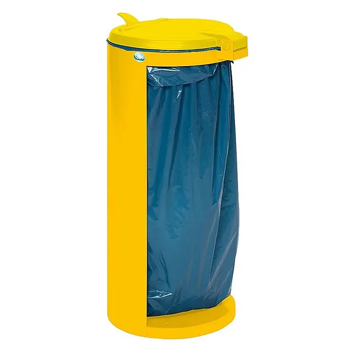 Proregal Standard-Mülleimer Junior kompakt mit Deckel - Stahl, Gelb - Gelber Müllsackhalter mit gelbem Deckel, der einen blauen Müllsack zeigt.