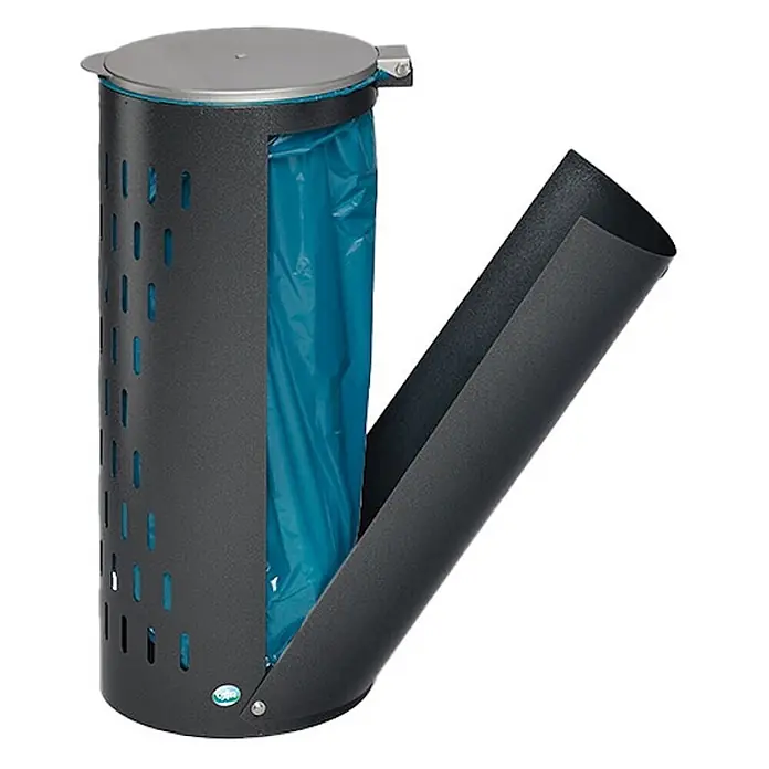Proregal Standard-Mülleimer kompakt gelocht mit Deckel & Klapptür - Stahl, Grau - Dunkelgrauer, perforierter, zylindrischer Abfalleimer mit Silberdeckel und offener Seite, zeigt blauen Müllsack.