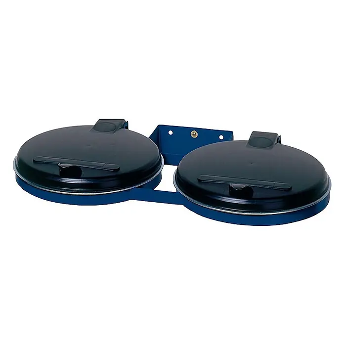 Proregal Standard-Mülleimer - Robuster Doppel-Abfallsammler mit Kunststoff-Deckel - Stahl, Blau-Schwarz - Blaue wandmontierte Doppel-Abfallbehälter mit schwarzen Klappdeckeln.