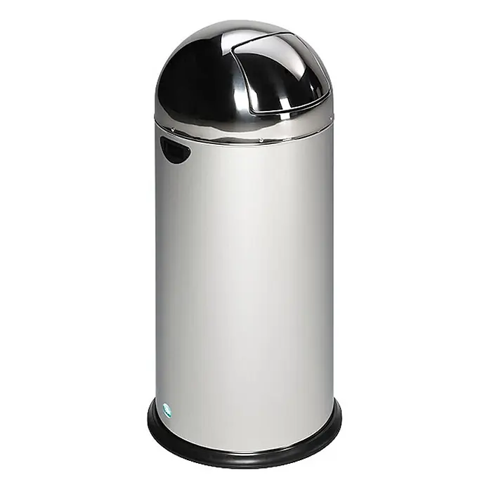 Proregal Standard Mülleimer klassisch mit Einwurfklappe & Inneneinsatz - 52 l, Edelstahl, Silber - Gebürsteter Edelstahl-Mülleimer mit poliertem Kuppel-Schwingdeckel und schwarzem Fuß.