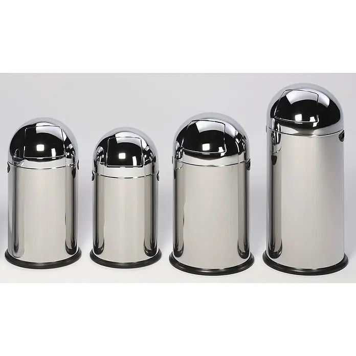 Proregal Standard Mülleimer klassisch mit Einwurfklappe & Inneneinsatz - 52 l, Edelstahl, Silber - Vier polierte Edelstahl-Mülleimer in verschiedenen Größen, jeweils mit Kuppeldeckel und Einwurfklappe.