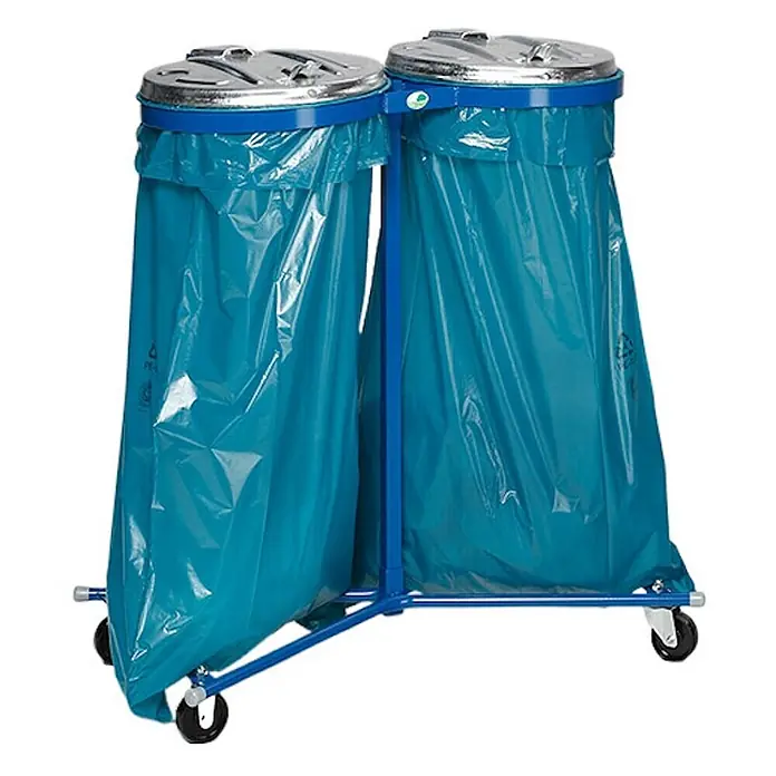 Proregal Standard-Mülleimer - Robuster Doppel-Abfallsammler mit Metall-Deckel - Stahl, Blau-Verzinkt - Mobiler Doppel-Mülltrenner mit blauem Metallgestell, zwei blauen Müllsäcken und silbernen Deckeln, auf Rollen.