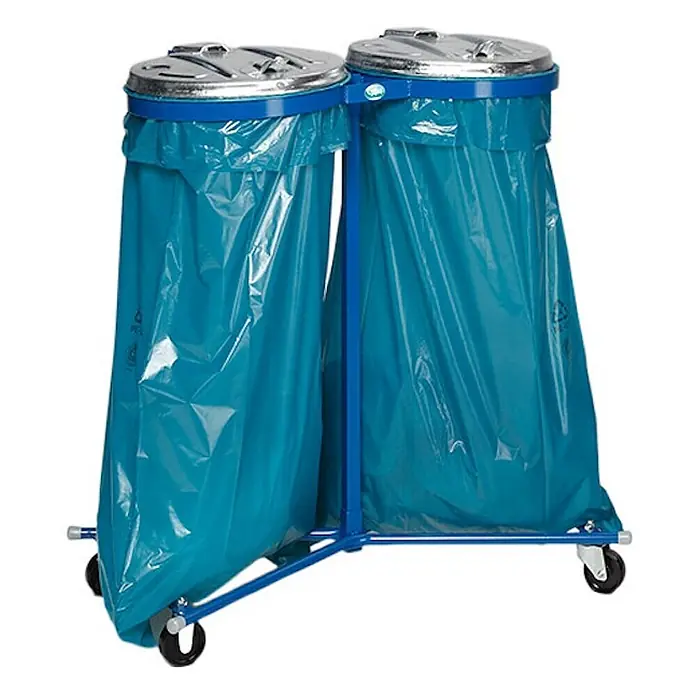 Proregal Standard-Mülleimer - Robuster Doppel-Abfallsammler mit Metall-Deckel - Stahl, Blau-Verzinkt - Mobiler doppelter Müllsackhalter mit blauem Rahmen, zwei blauen Müllsäcken und silbernen Deckeln.