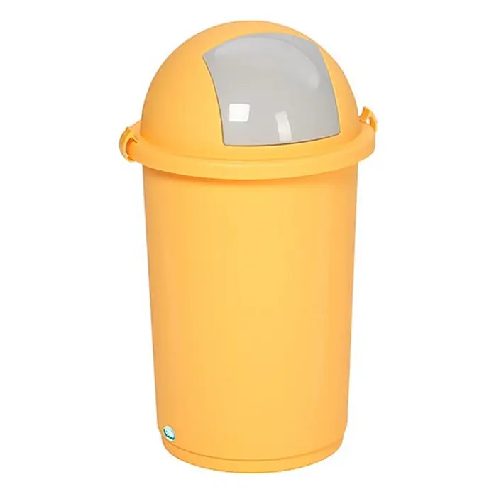 Proregal Standard Mülleimer robust mit Einwurfklappe - 50 l, Gelb - Gelber Kunststoff-Mülleimer mit kuppelförmigem, grauem Schwingdeckel.