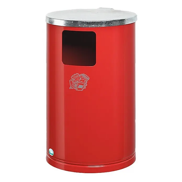 Proregal Standard-Mülleimer zur Wand- oder Rohrbefestigung - 30 l, Stahl, Rot - Roter zylindrischer Abfalleimer mit silbernem Deckel und Frontöffnung.