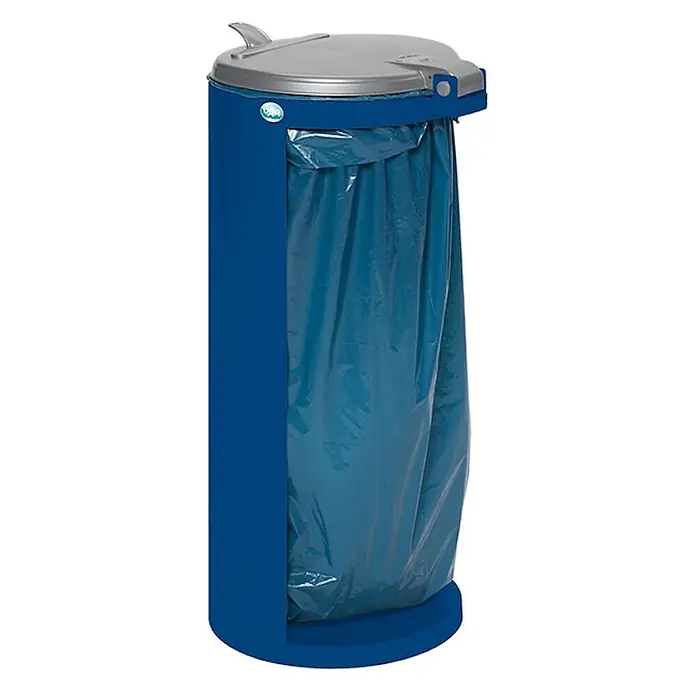 Proregal Standard-Mülleimer Junior kompakt mit Deckel - Stahl, Blau - Blauer Abfalleimer mit grauem Deckel und blauem Müllsack.
