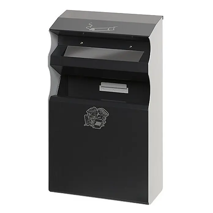 Proregal Asche-Mülleimer eckig mit Einwurfblende - 15 l, Stahl, Anthrazit - Wand-Aschenbecher in Schwarz und Silber mit Zigarettensymbol und Zieremblem.