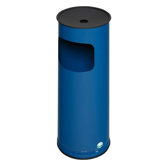 Proregal Asche-Mülleimer klassisch und rund - Stahl, Blau - Blauer zylindrischer Mülleimer mit schwarzem Deckel, zentraler Aschereinwurföffnung und großem seitlichen Abfallschlitz.