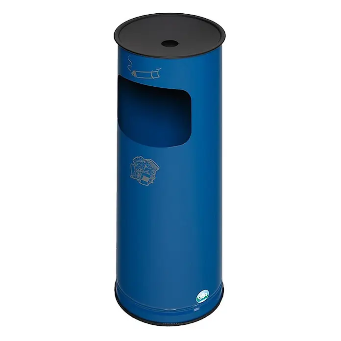 Proregal Asche-Mülleimer klassisch und rund - Stahl, Blau - Blauer zylindrischer Ascher-Mülleimer mit schwarzem Deckel, seitlicher Öffnung und Aschenbechersymbol.