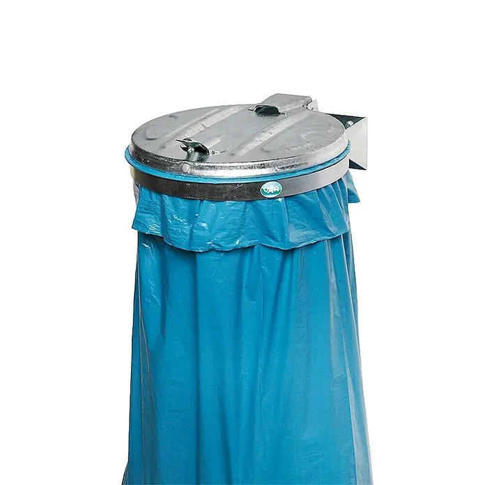 Proregal Standard-Mülleimer - Robuster Einzel-Abfallsammler mit Metall-Deckel - Stahl, Verzinkt-Verzinkt - Verzinkter Müllsackständer mit aufklappbarem Deckel und blauem Plastikmüllsack.