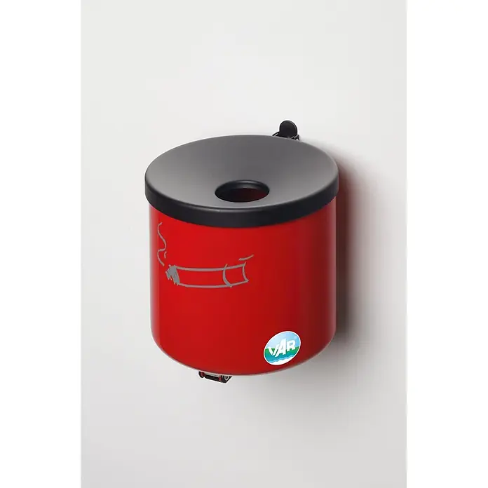 Proregal Asche-Mülleimer robust zur Wandmontage - 2,4 l, Stahl, Rot - Roter zylindrischer Wandascher mit schwarzer Oberseite und rauchender Zigaretten-Ikone.
