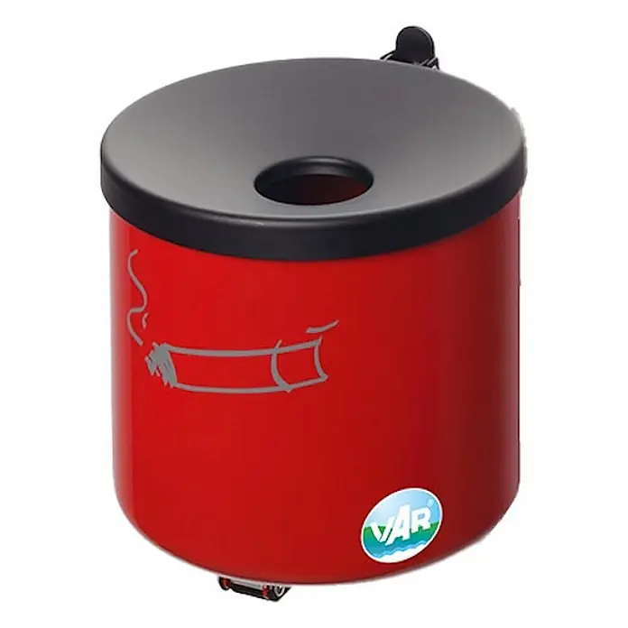 Proregal Asche-Mülleimer robust zur Wandmontage - 2,4 l, Stahl, Rot - Roter und schwarzer Außenaschenbecher mit Öffnung oben und Zigarettengrafik an der Seite.