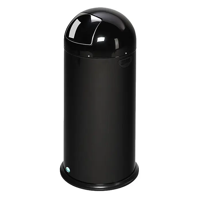 Proregal Standard Mülleimer klassisch mit Einwurfklappe & Inneneinsatz - 52 l, Stahl, Schwarz - Schwarzer zylindrischer Mülleimer mit glänzendem, kuppelförmigem Deckel und halbkreisförmiger Öffnung.