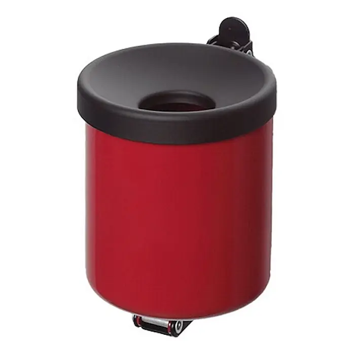 Proregal Asche-Mülleimer robust zur Wandmontage - 0,6 l, Stahl, Rot - Roter zylindrischer Aschenbecher für den Außenbereich mit schwarzem Trichtereinsatz und Wandhalterung.