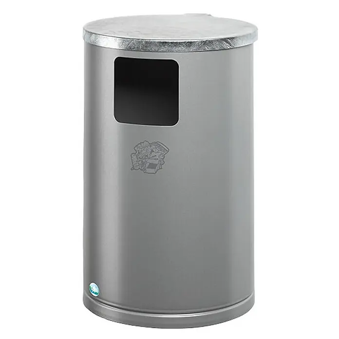 Proregal Standard-Mülleimer zur Wand- oder Rohrbefestigung - 30 l, Stahl, Silber - Zylindrischer Abfalleimer aus grauem Metall mit silbernem Deckel, rechteckiger Öffnung und dezentem Recycling-Symbol.
