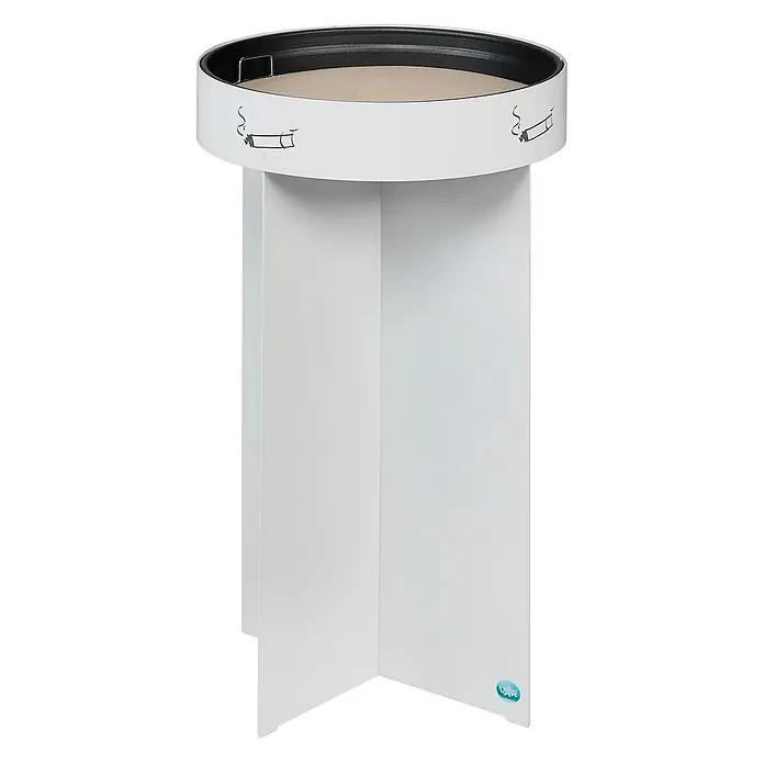 Proregal Asche-Mülleimer robust - Stahl, Weiß - Weißer Standaschenbecher mit Kreuzfuß und sandgefülltem, schwarz umrandetem Oberteil, mit Zigarrenillustrationen.