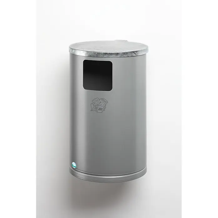 Proregal Standard-Mülleimer zur Wand- oder Rohrbefestigung - 30 l, Stahl, Silber - Silbergrauer zylindrischer Abfalleimer mit quadratischer Öffnung und strukturiertem Metalldeckel.