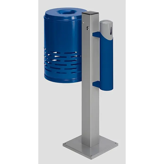 Proregal Asche-Mülleimer mit Standfuß + Bodenplatte - Stahl, Blau-Blau - Blauer Mülleimer und Aschenbecher an grauem Metallpfosten mit festem Standfuß befestigt.