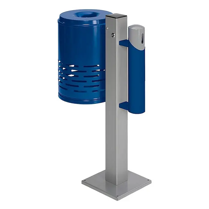 Proregal Asche-Mülleimer mit Standfuß + Bodenplatte - Stahl, Blau-Blau - Blauer perforierter Abfalleimer mit grauem Ständer und integriertem blau/grauem Spender.