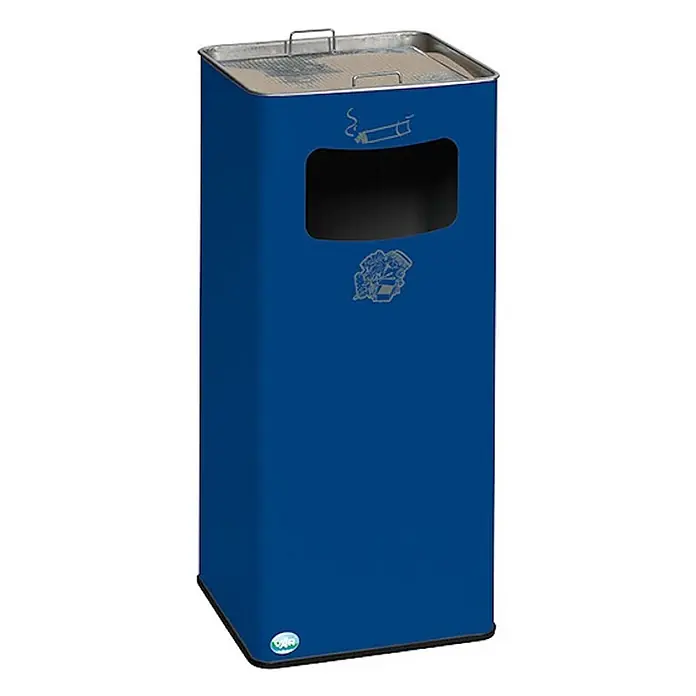 Proregal Asche-Mülleimer klassisch und eckig - Stahl, Blau - Blauer, rechteckiger Aschenbecher- und Abfalleimer mit Metalloberteil und separaten Öffnungen für Zigaretten und Restmüll.