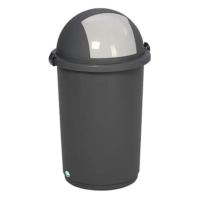 Proregal Standard Mülleimer robust mit Einwurfklappe - 50 l, Grau - Dunkelgrauer Mülleimer aus Kunststoff mit hellgrauem, kuppelförmigem Schwingdeckel.