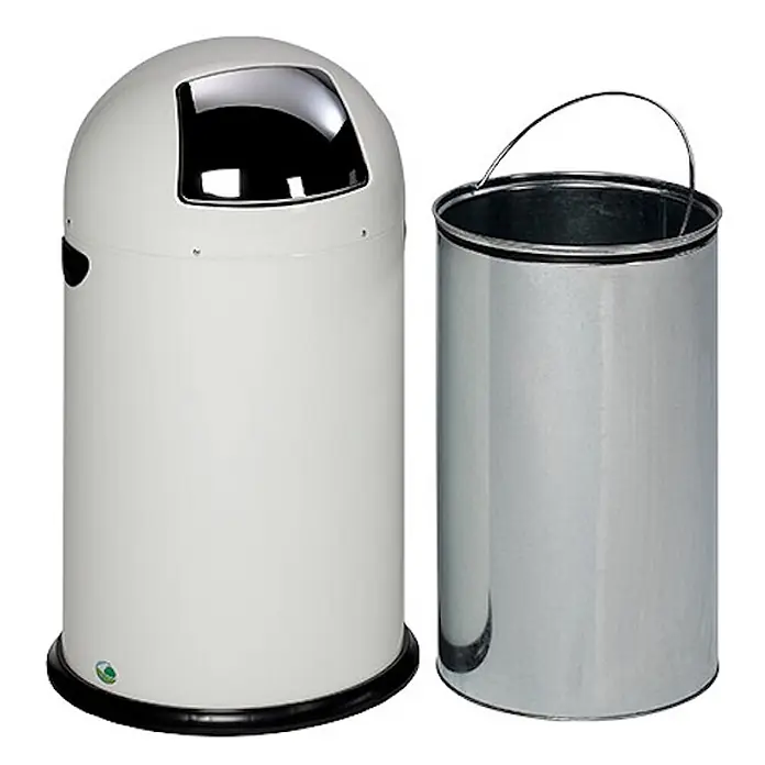 Proregal Standard Mülleimer klassisch mit Einwurfklappe & Inneneinsatz - 33 l, Stahl, Weiß - Weißer zylindrischer Abfalleimer mit gewölbtem Deckel, Chrom-Schwingklappe und separatem Metalleinsatz mit Griff.