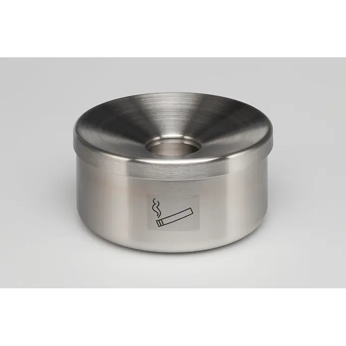 Proregal Asche-Mülleimer robust - Edelstahl, Edelstahl - Gebürsteter Edelstahl-Aschenbecher mit vertiefter Oberseite und schwarzem Zigarettensymbol.