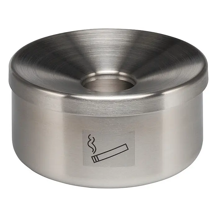 Proregal Asche-Mülleimer robust - Edelstahl, Edelstahl - Aschenbecher aus gebürstetem Edelstahl mit vertiefter Oberseite und mittiger Öffnung, mit Zigarettensymbol.