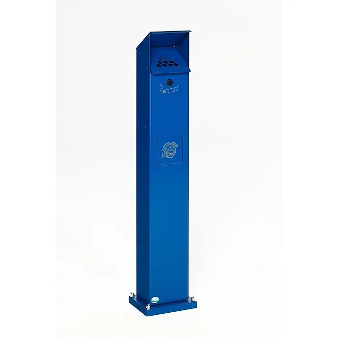Proregal Asche-Mülleimer Standsäule für Außenbereich - Stahl, Blau - Hoher blauer Metallaschenbecher und Abfalleimer mit Zigaretten- und Abfallsymbolen.