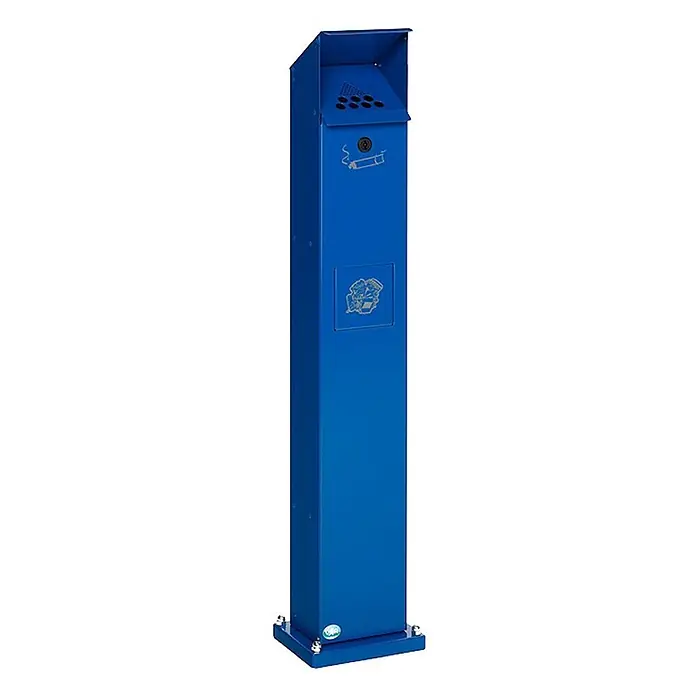 Proregal Asche-Mülleimer Standsäule für Außenbereich - Stahl, Blau - Blauer, rechteckiger Outdoor-Aschenbecher mit schräger Ablage zur Zigarettenentsorgung und abschließbarer Frontplatte.
