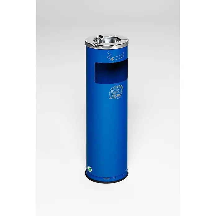 Proregal Asche-Mülleimer robust mit poliertem Aschereinsatz - 11,6 l, Stahl, Blau - Blauer zylindrischer Außenaschenbecher und Mülleimer mit Chromdeckel, mit Zigarettensymbol und Abfallsymbol.