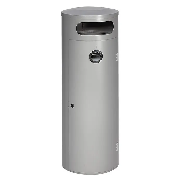 Proregal Asche-Mülleimer mit Einflügeltür - 70 l, Stahl, Silber - Zylindrischer silberner Mülleimer aus Metall mit obenliegender Öffnung und integriertem Aschenbecher.
