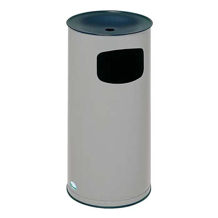 Proregal Asche-Mülleimer klassisch und rund - Stahl, Silber - Zylindrischer grauer Abfalleimer mit dunkelblauem gewölbtem Deckel und rechteckiger Einwurföffnung.