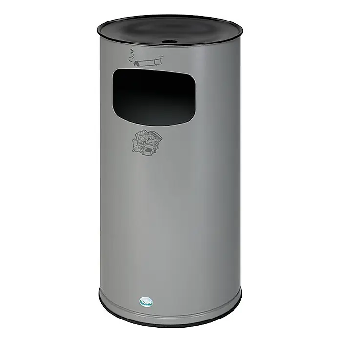 Proregal Asche-Mülleimer klassisch und rund - Stahl, Silber - Grauer zylindrischer Außenaschenbecher und Abfalleimer mit schwarzem Deckel.