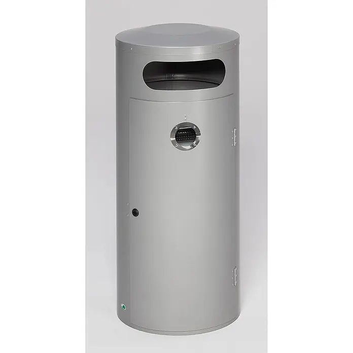 Proregal Asche-Mülleimer mit Einflügeltür - 70 l, Stahl, Silber - Grauer zylindrischer Abfalleimer mit oberer Öffnung und integriertem Ascher, inklusive Zugangstür.