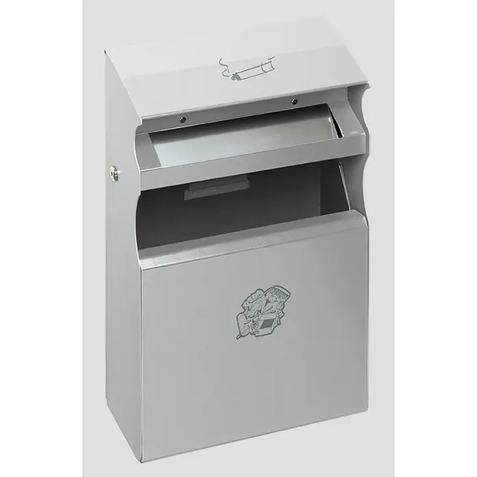 Proregal Asche-Mülleimer eckig mit Einwurfblende - 15 l, Stahl, Silber - Wandmontierter grauer Metall-Aschenbecher mit integriertem Abfalleimer, mit Zigaretten- und Abfallsymbolen.