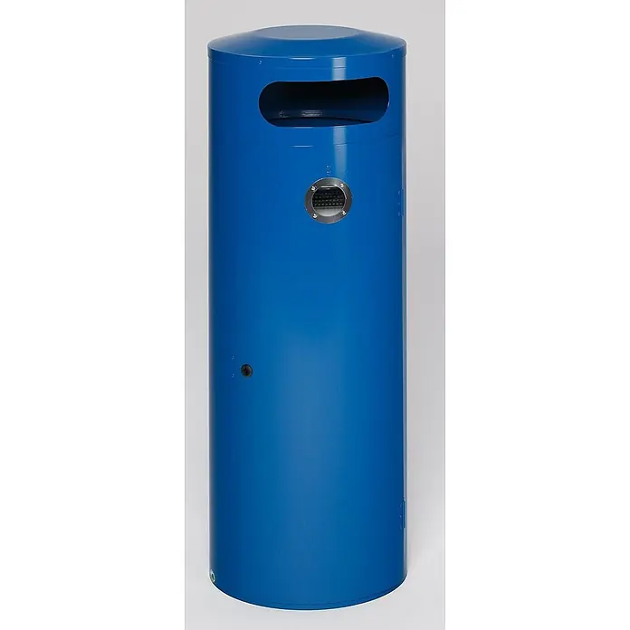 Proregal Asche-Mülleimer mit Einflügeltür - Stahl, Blau - Zylindrischer blauer Metall-Abfallbehälter mit oberer Öffnung, integriertem Aschenbecher und Seitenschloss.