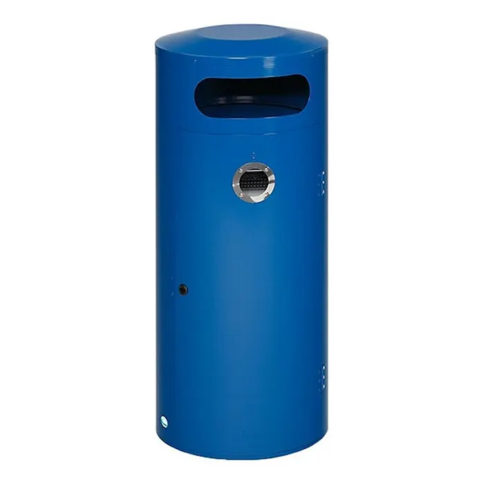Proregal Asche-Mülleimer mit Einflügeltür - Stahl, Blau - Blauer zylindrischer Metallabfalleimer mit ovaler Öffnung und rundem Metalleinsatz.