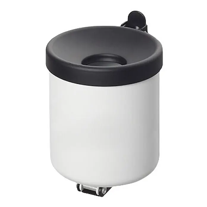 Proregal Asche-Mülleimer robust zur Wandmontage - 0,6 l, Stahl, Weiß - Weißer zylindrischer Behälter mit schwarzem Trichtertdeckel und Montagehaken, wahrscheinlich ein Wandascher oder Abfallbehälter.