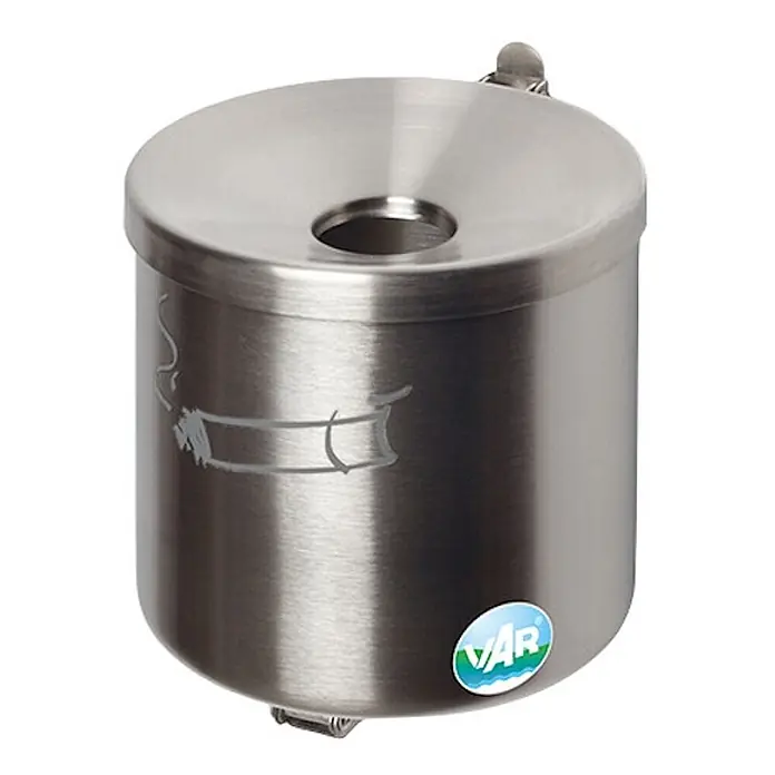 Proregal Asche-Mülleimer robust zur Wandmontage - 2,4 l, Edelstahl, Edelstahl - Zylindrischer Aschenbecher aus gebürstetem Edelstahl mit mittiger Löschöffnung und graviertem Zigarettensymbol.