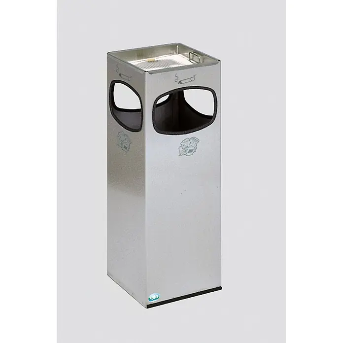 Proregal Asche-Mülleimer mit Kantenschutz 4-Fach-Einwurf - 28,4 l, Edelstahl, Silber - Silberfarbener Metall-Außenaschenbecher mit integriertem Abfalleimer und seitlichen Öffnungen. Mit Zigarettensymbolen und obenliegendem Aschenrost.
