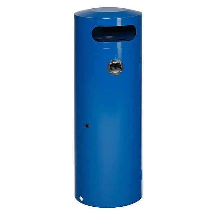 Proregal Asche-Mülleimer mit Einflügeltür - 70 l, Stahl, Blau - Blauer zylindrischer Abfallbehälter für den Außenbereich mit ovaler Einwurföffnung und rundem Ascher.