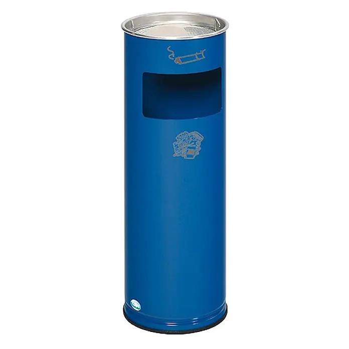 Proregal Asche-Mülleimer klassisch und rund - Stahl, Blau - Blauer zylindrischer Ascher-Abfalleimer aus Metall mit Ascherschale oben und Abfallöffnung.