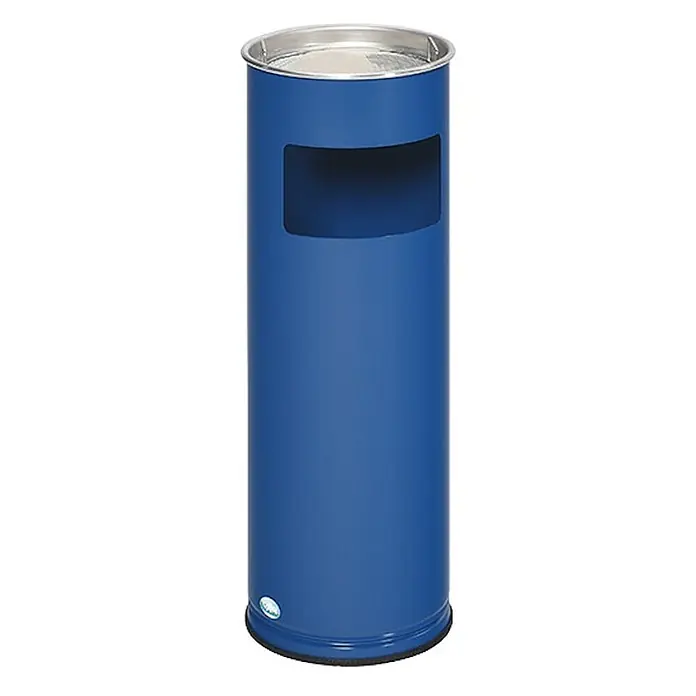 Proregal Asche-Mülleimer klassisch und rund - Stahl, Blau - Blauer zylindrischer Ascher-Abfalleimer mit Edelstahlaufsatz und vorderer Einwurföffnung.