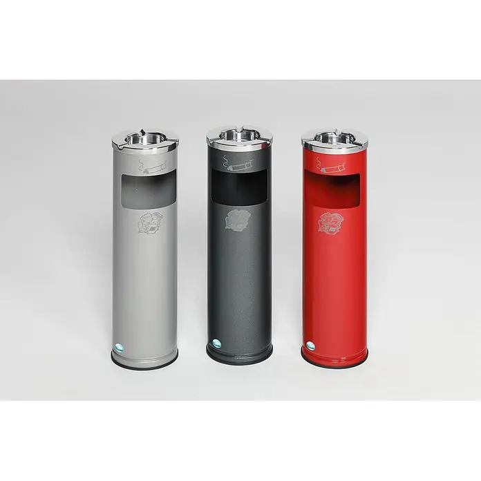 Proregal Asche-Mülleimer robust mit poliertem Aschereinsatz - 11,6 l, Stahl, Rot - Drei Außenaschenbecher aus Metall in Silber, Dunkelgrau und Rot.